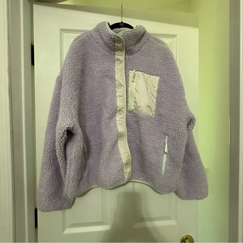 Fabletics Lavender Sherpa Jacket – Fuzzy Zip Front with Pockets – XXL